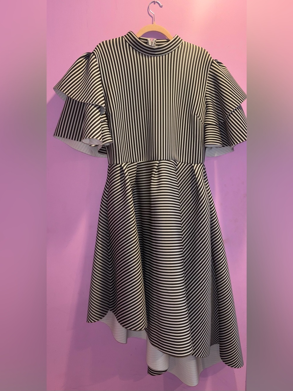 Black and White Striped Midi Dress with Flutter Sleeves